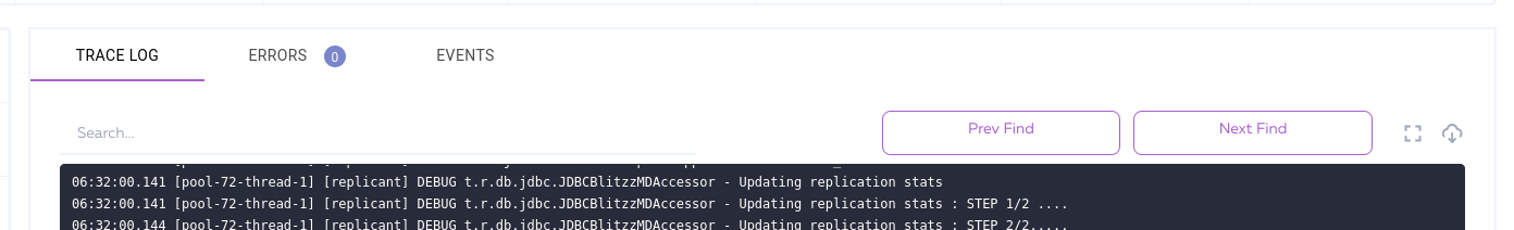The logging pane containing the three preceding tabs in the Arcion On-premises UI console